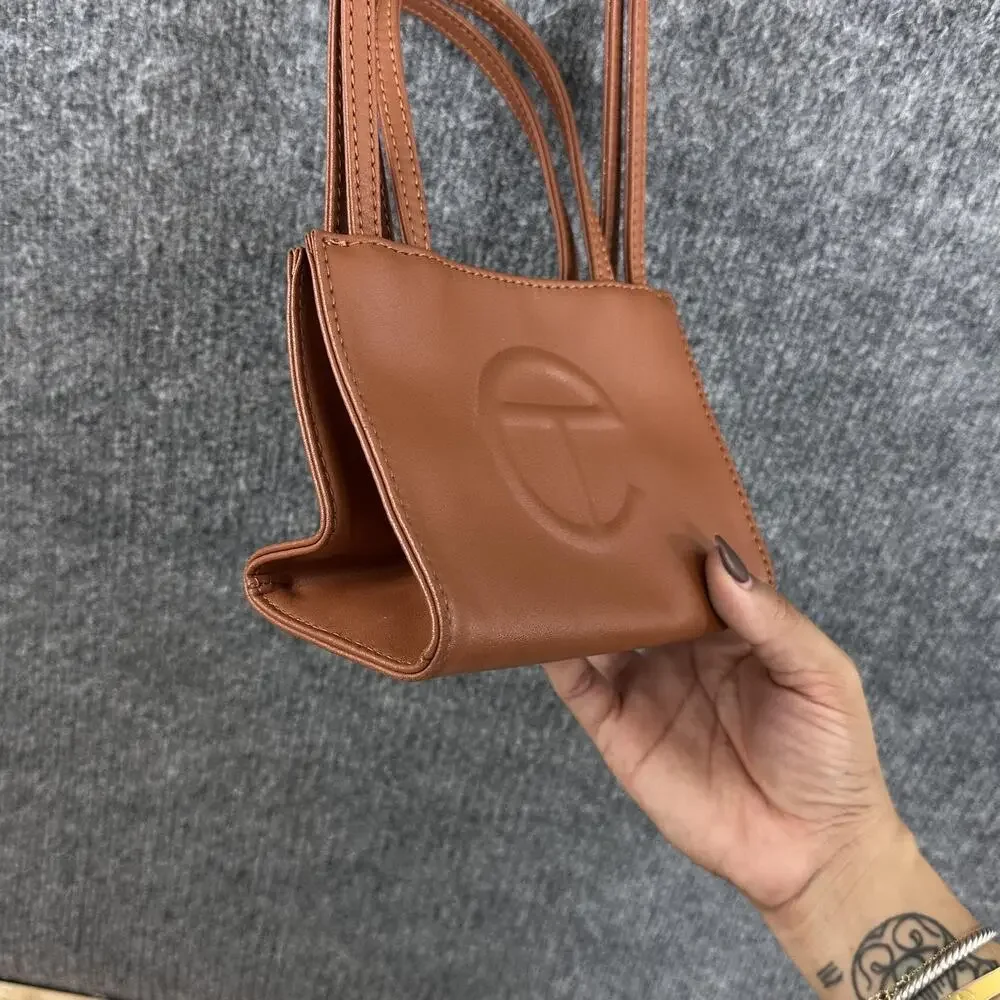 Telfar Small Shopping Bag in Tan Vegan Leather Crossbody Faux Leather Logo Purse